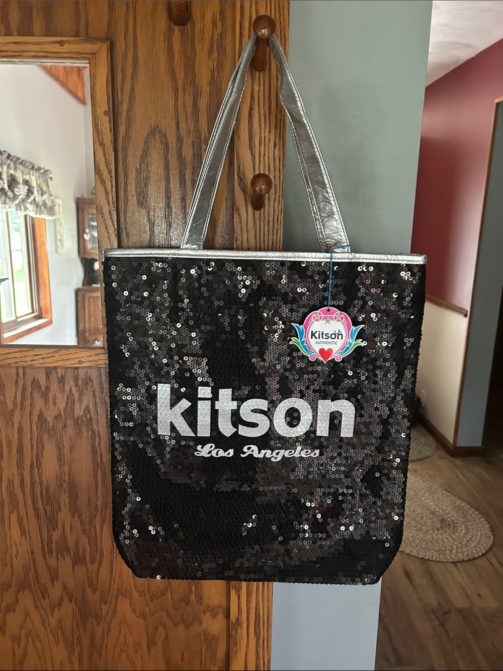 Kitten Black Sequin Tote with Silver Handles